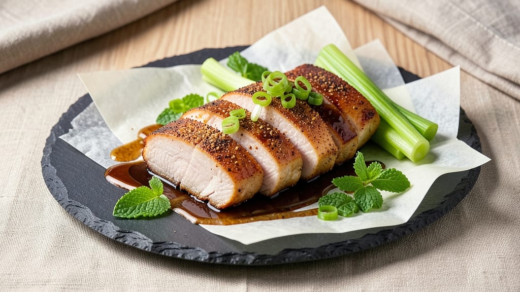 Asian Pork Roll Recipe: Crispy Celery Crown Over Smoky Five-Spice Gravy