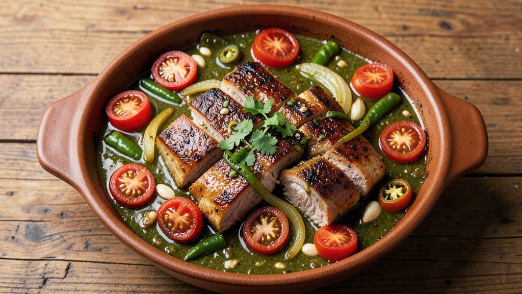 Mexican Pork Green Chili Recipe: Spicy Tomato-Chile Sauce with Melty Cheese Topping