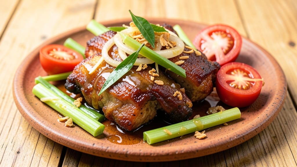 Angamaly Pork Fry Recipe: Crispy Celery Crowns Over Spiced Tomato Gravy
