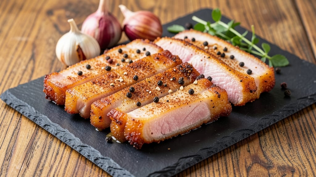 Fried Sliced Pork Belly Recipe: Crispy Celery Crowns Over Smoky Garlic Gravy