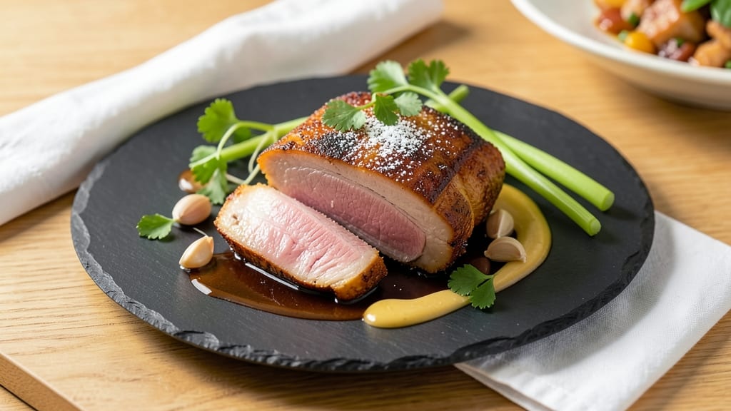 Amazing Pork Belly Recipe: Crispy Celery Crowns Over Smoky Garlic Gravy