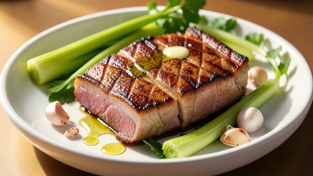 Michael Symon's Pork Belly Recipe: Celery Crown Crunch Over Smoky Garlic Gravy