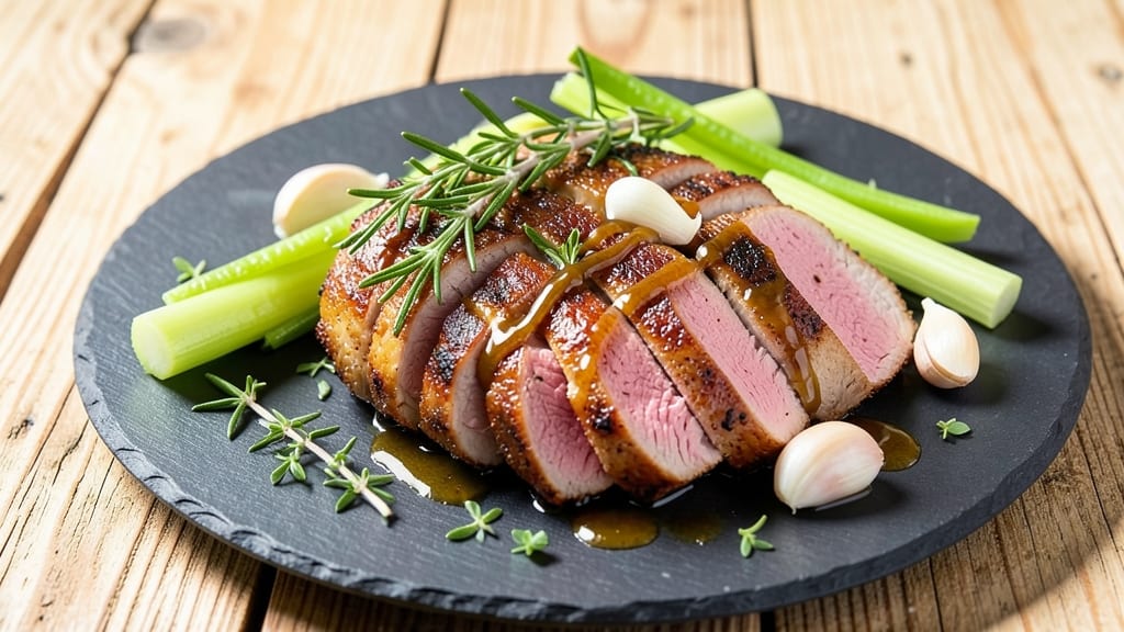 Mediterranean Pork Loin Recipe: Celery Crown Crunch Over Garlicky Lemon-Herb Gravy