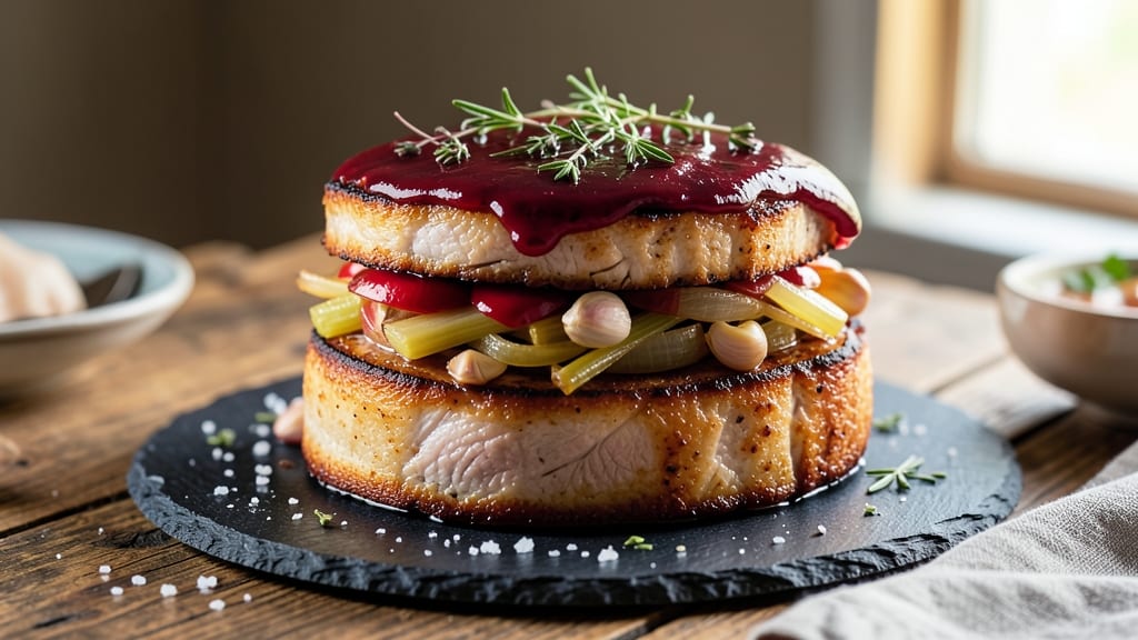 3 Layer Pork Recipe: Crispy Celery Crowns Over Smoky Maple Gravy