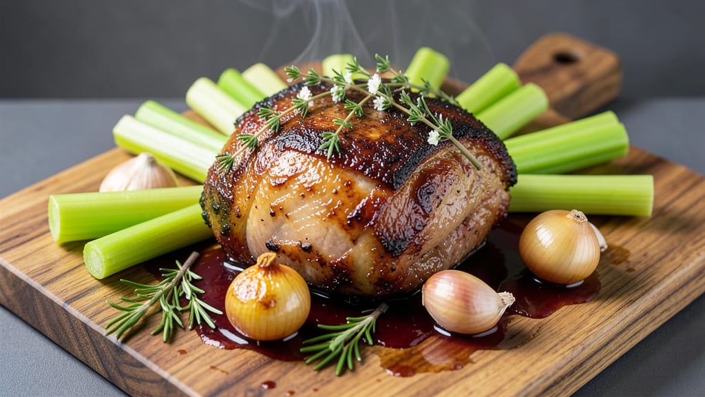 Alternative Roast Pork Recipe: Celery Crown Crunch Over Smoky Onion Gravy