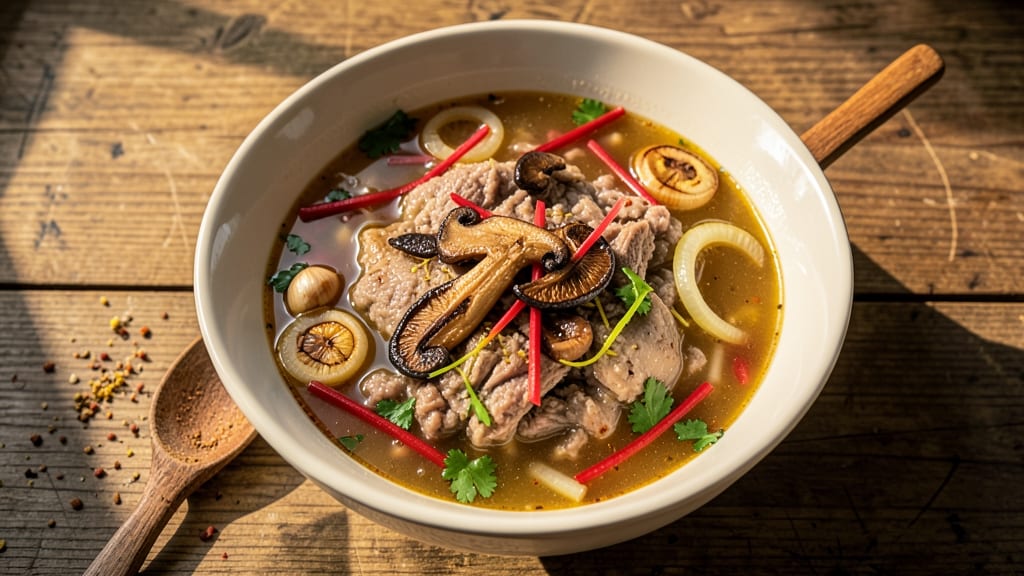 Minced Pork Soup Recipe: Crispy Celery Crowns Over Savory Mushroom Gravy