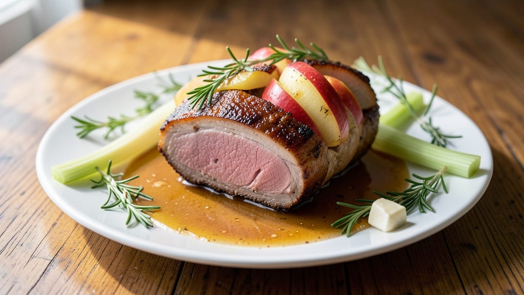 Apple Stuffed Pork Roast Recipe: Celery Crown Crunch Over Apple-Infused Gravy
