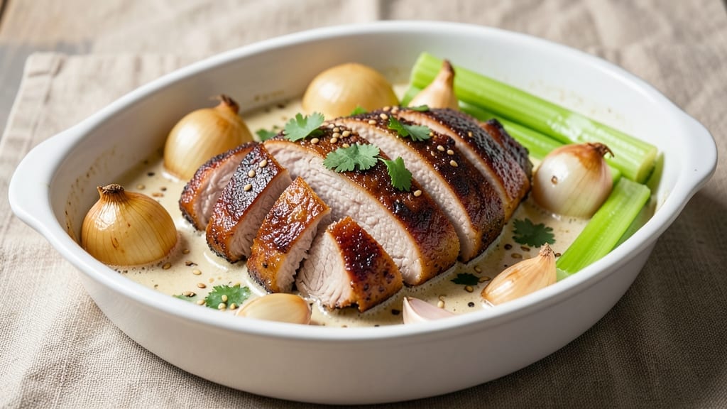 Milk Braised Pork Shoulder Recipe: Celery Crown Crunch Over Rich Onion Gravy
