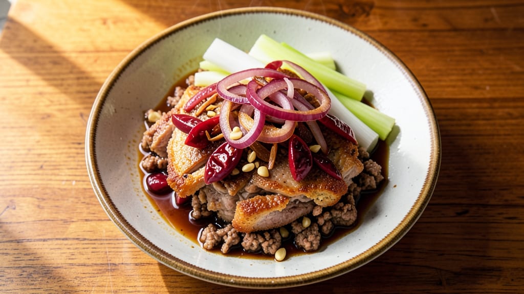 Minced Pork Sisig Recipe: Crispy Celery Crowns Over Smoky Onion Gravy