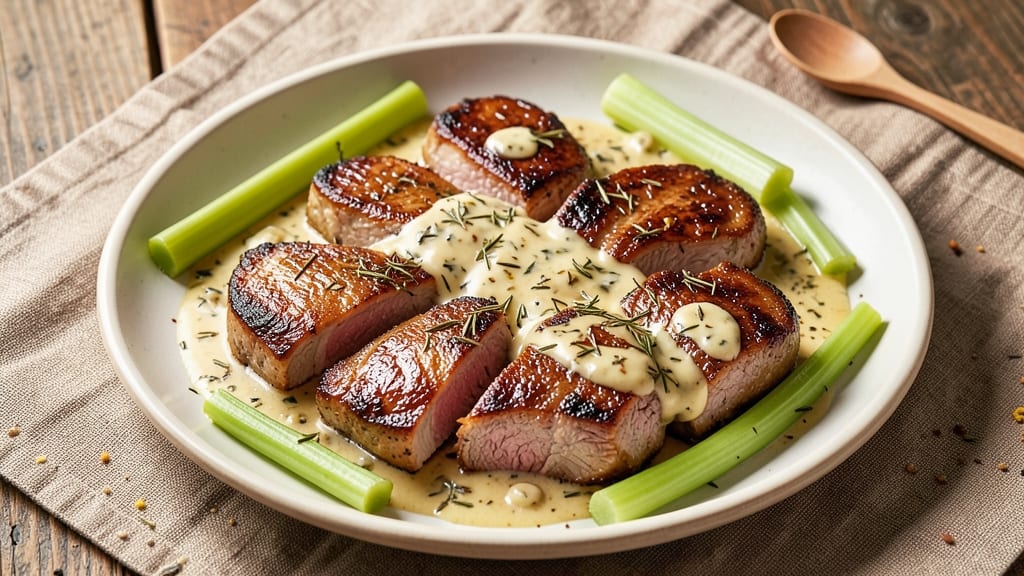 Alton Brown's Pork Chop Recipe: Celery Crown Crunch Over Herbed Butter Pan Sauce
