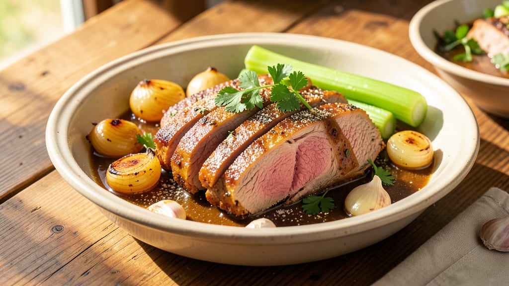 Mississippi Pork Loin Crock Pot Recipe: Smoky Celery Crown Crunch Over Onion Gravy