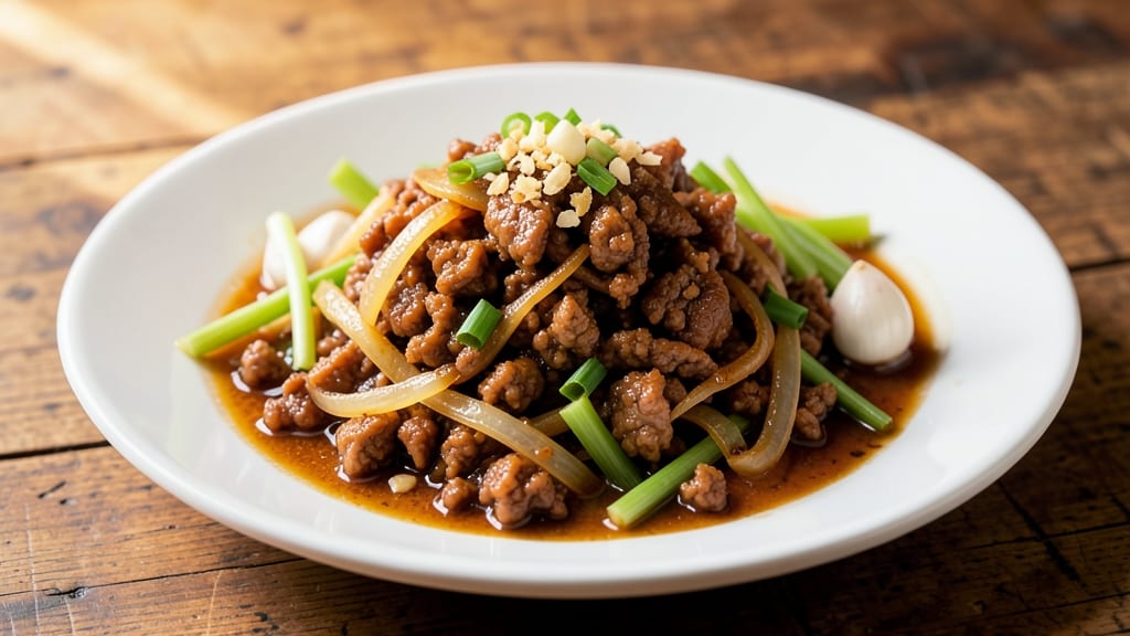 Pinoy Mince Pork Recipe: Crispy Celery Crowns Over Savory Soy-Vinegar Gravy