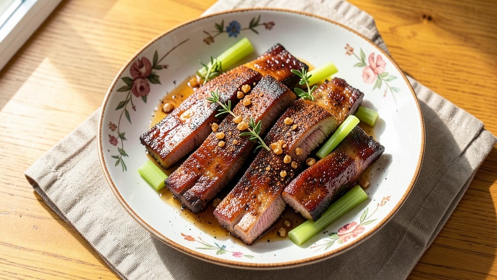 Mini Pork Ribs Recipe: Crispy Celery Crowns Over Smoky Garlic Gravy